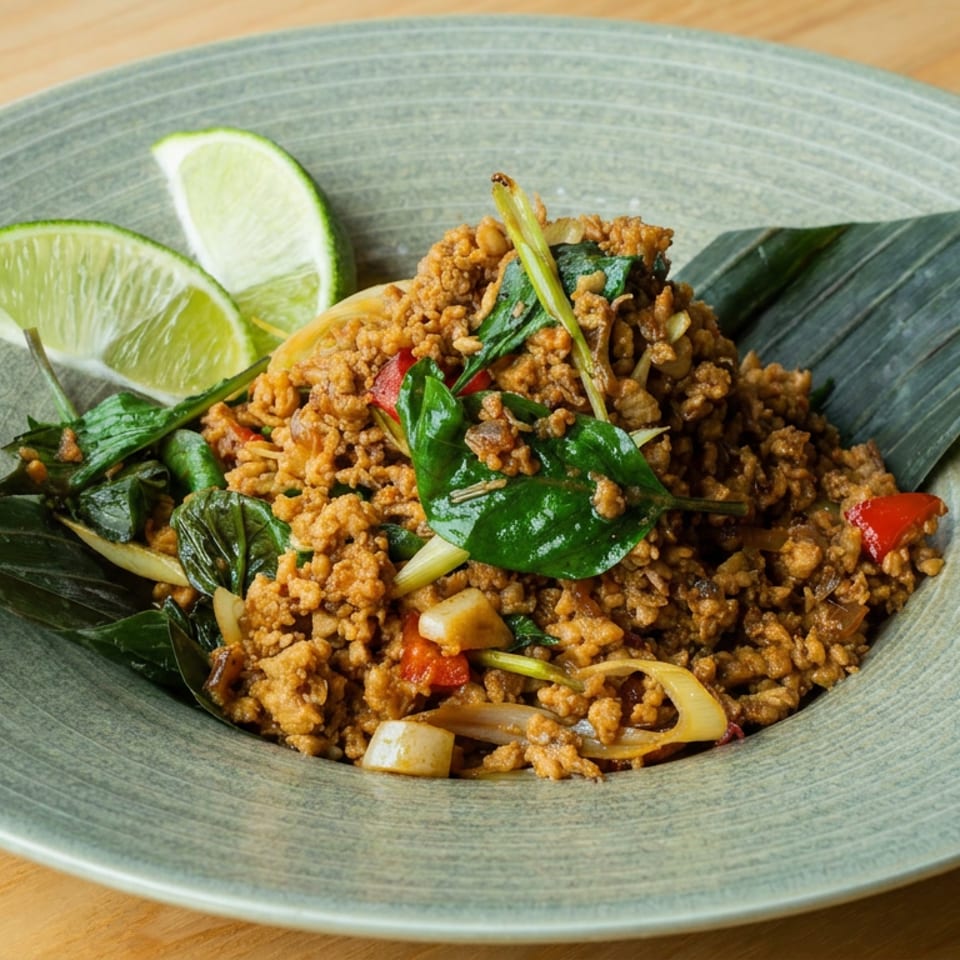 Spicy Thai-style minced meat with basil, chilies, and vegetables, garnished with lime wedges on a ceramic plate.