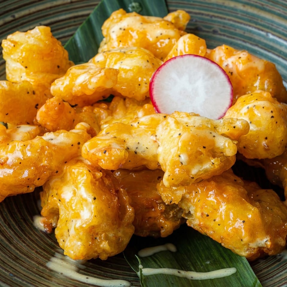 Golden battered cauliflower florets coated in orange sauce, garnished with a radish slice on a striped ceramic plate.