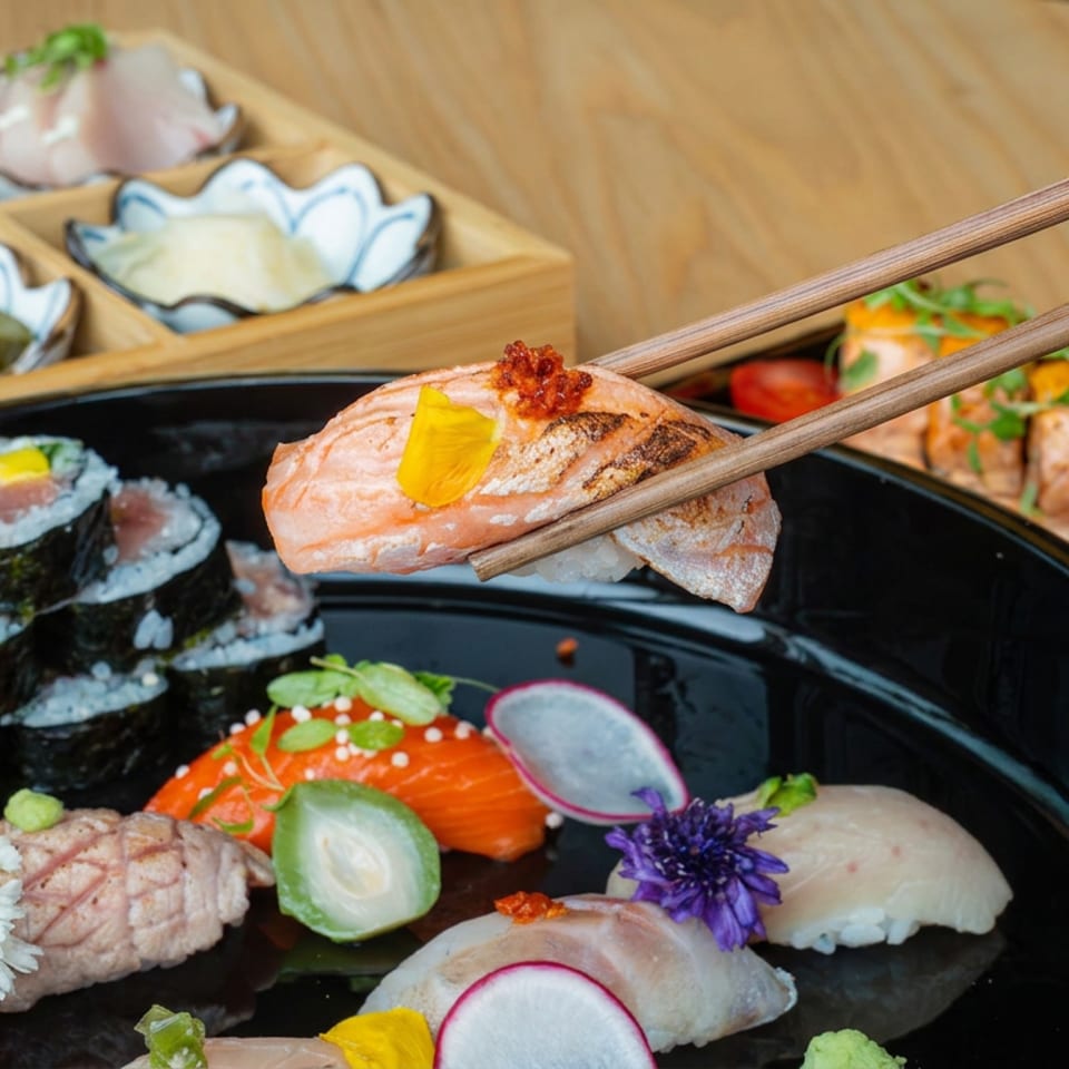 Assorted sushi platter with salmon nigiri held by chopsticks, maki rolls, colorful garnishes, and side dishes on a wooden table.