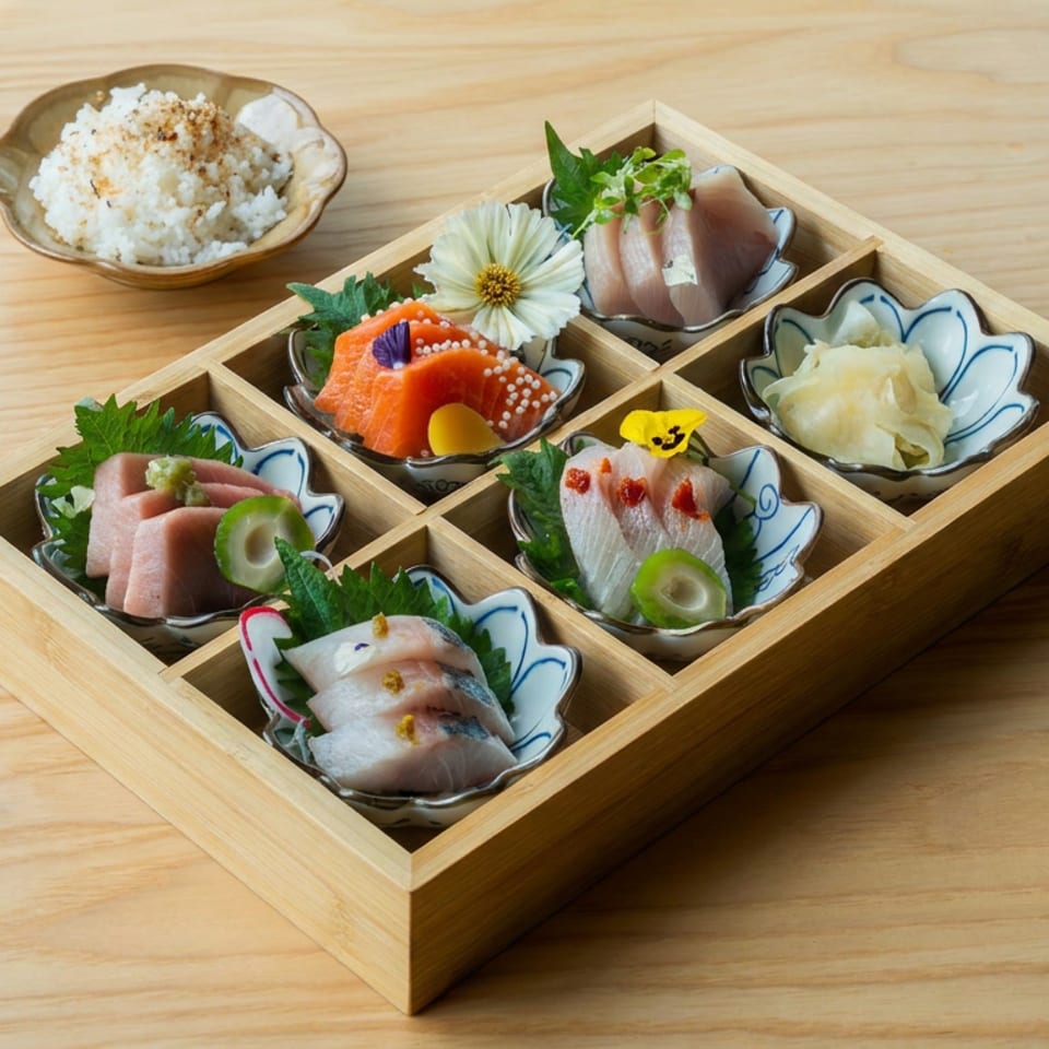 Japanese seafood assortment arranged in compartments of a wooden box, with sashimi, garnishes, pickles, and a bowl of rice.