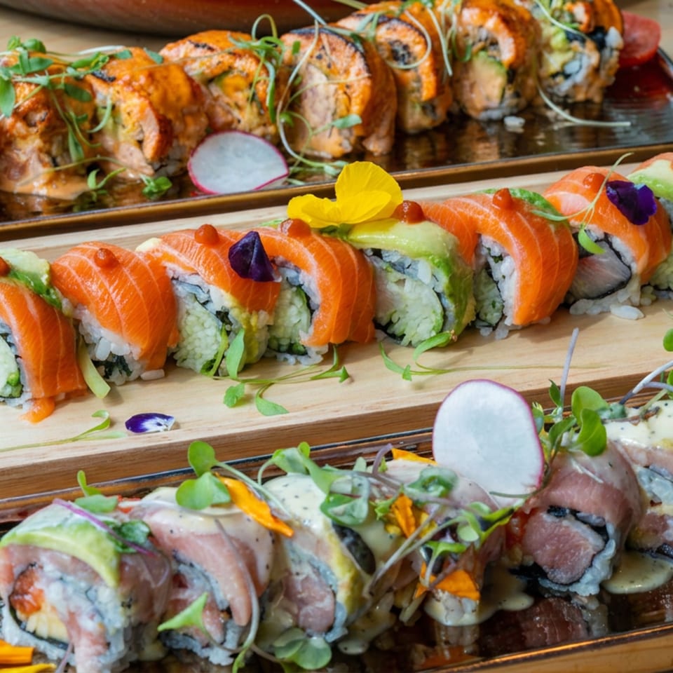 Assorted sushi rolls topped with salmon, sauces, microgreens, radish, and edible flowers on wooden and black serving plates.