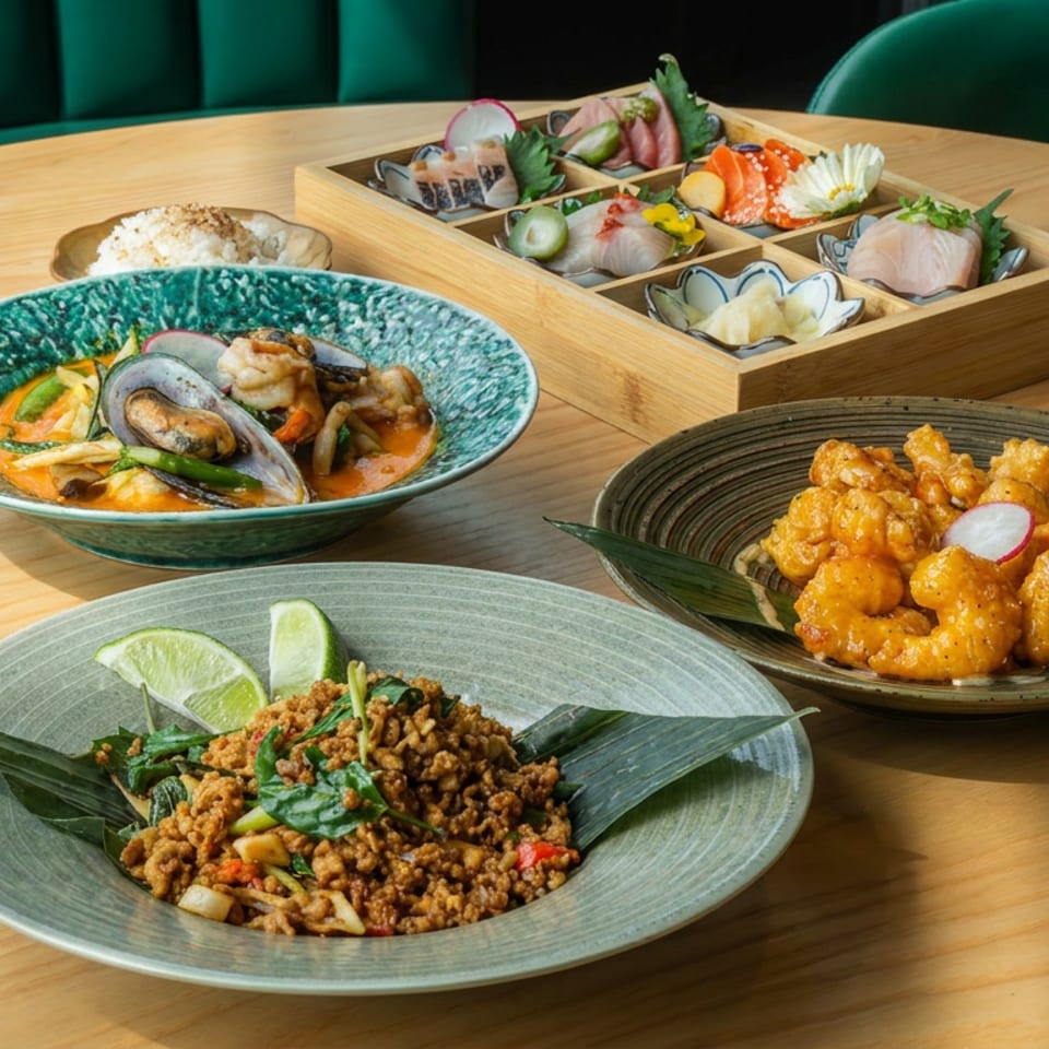 Assorted Asian dishes, including seafood curry, crispy bites, minced meat salad, sushi, and rice, arranged on a wooden restaurant table.