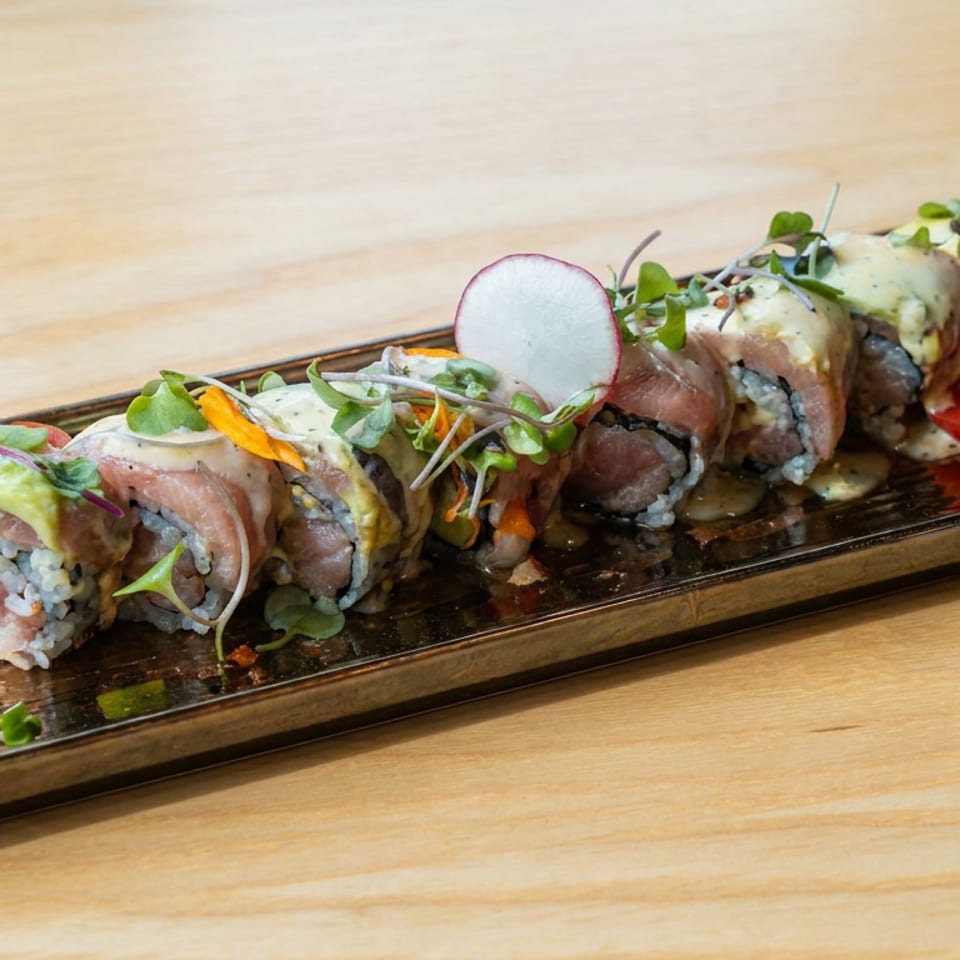 Sushi roll slices topped with microgreens and creamy sauce, arranged on a black rectangular plate with vegetables.