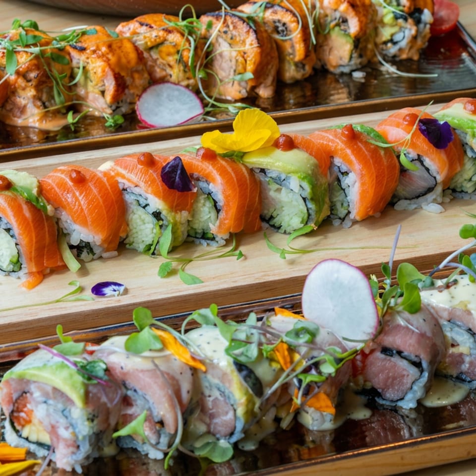 Assorted sushi rolls arranged on wooden and black plates, topped with salmon, sauces, microgreens, radish slices, and edible flowers.