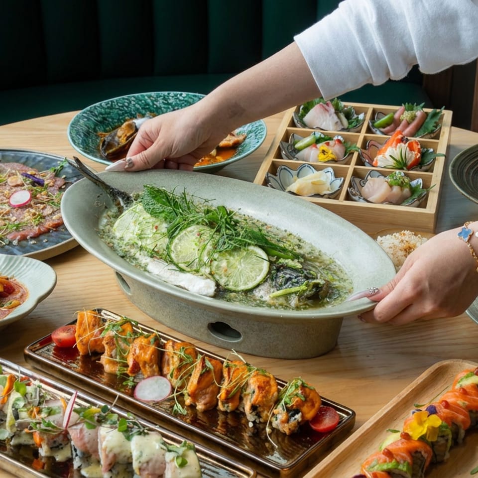 Hands arrange an elaborate spread of sushi, sashimi, seafood dishes, rice, and garnished plates on a wooden restaurant table.